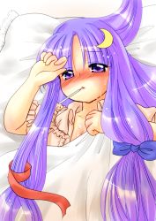 Rule 34 | 1girl, bad id, bad pixiv id, bed, blanket, blush, crescent, crescent hair ornament, crescent moon, female focus, fever, hair ornament, lying, moon, mouth hold, no headwear, no headwear, patchouli knowledge, pillow, purple hair, sakura (doors), solo, sweat, thermometer, touhou, under covers