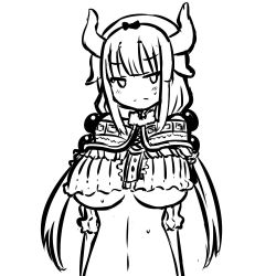 Rule 34 | 10s, 1girl, adapted costume, alternate breast size, blush, breasts, deculture, frown, greyscale, horns, kanna kamui, kobayashi-san chi no maidragon, large breasts, midriff, monochrome, aged up, solo, sweatdrop, underboob, white background