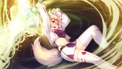 Rule 34 | 1girl, animal ears, aristear remain, arms up, astronauts, astronauts comet, belt, blonde hair, blush, boots, breasts, eyebrows, fighting stance, fox ears, game cg, highres, holding, holding sword, holding weapon, jacket, kiryuu koma, kokusan moyashi, legs, long sleeves, looking at viewer, magic, midriff, navel, open mouth, pink eyes, rozea, serious, short hair, simple background, skirt, small breasts, solo, sword, tail, thighhighs, thighs, weapon