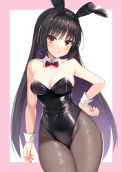 Rule 34 | 1girl, alternate costume, animal ears, aria (koiiroharemoyou), arm at side, bare shoulders, black leotard, black pantyhose, blush, bow, bowtie, breasts, cafe stella to shinigami no chou, cleavage, collar, collarbone, commentary, covered navel, cowboy shot, curvy, detached collar, eyelashes, eyes visible through hair, fake animal ears, fine fabric emphasis, fingernails, groin, hair between eyes, hand on own hip, head tilt, highleg, highleg leotard, highres, leotard, long hair, looking at viewer, medium breasts, mole, mole under eye, open mouth, paid reward available, pantyhose, playboy bunny, rabbit ears, red bow, red bowtie, shiki natsume, shy, simple background, skindentation, solo, standing, straight hair, sweatdrop, thighs, v-shaped eyebrows, very long hair, white background, white collar, white wrist cuffs, wrist cuffs, yellow eyes