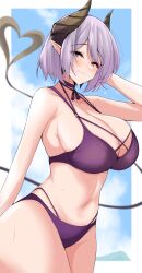 Rule 34 | 1girl, absurdres, arm behind back, breasts, demon, demon girl, demon horns, highres, honey strap, horns, large breasts, looking at viewer, maruneco, mature female, nanashi inc., outside border, purple eyes, purple hair, saionji mary, swimsuit, tail, virtual youtuber