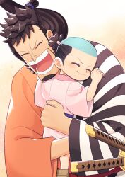 Rule 34 | 2boys, black hair, blush, child, closed eyes, closed mouth, commentary request, dual wielding, facial hair, goatee, hasami (hasami25), high ponytail, highres, holding, hug, japanese clothes, katana, kinemon, kouzuki momonosuke, long sideburns, male focus, multiple boys, one piece, open mouth, ponytail, short hair, sideburns, smile, sword, teeth, topknot, traditional clothes, weapon