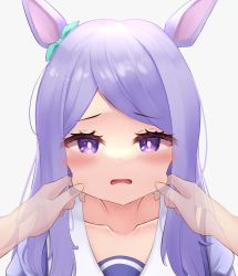 Rule 34 | 1girl, absurdres, animal ears, arms up, basil yuzune, blouse, blush, bow, bright pupils, cheek pinching, green bow, hair bow, hands up, highres, horse ears, horse girl, light purple hair, mejiro mcqueen (umamusume), neckerchief, open mouth, pinching, pov, pov hands, purple eyes, purple hair, purple serafuku, purple shirt, school uniform, serafuku, shirt, simple background, solo focus, swept bangs, transparent hand, umamusume, white background, white pupils