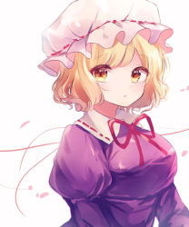 Rule 34 | 1girl, blonde hair, blush, bow, bowtie, breasts, collared dress, commentary request, dress, eyes visible through hair, hat, juliet sleeves, long sleeves, looking back, looking to the side, maribel hearn, medium breasts, mob cap, moshihimechan, open mouth, petals, puffy sleeves, purple dress, red bow, red bowtie, short hair, simple background, solo, touhou, upper body, white background, white hat, wide sleeves, yellow eyes