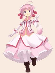 Rule 34 | 10s, 1girl, :d, ahoge, animal ears, bad id, bad pixiv id, boots, dog days, dog ears, dog tail, double bun, dress, gloves, long dress, long skirt, millhiore f. biscotti, open mouth, pantyhose, pink hair, purple eyes, skirt, smile, solo, tail, tatatami3