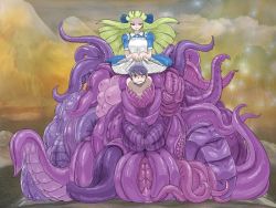 Rule 34 | 1boy, 1girl, artist request, black alice, blonde hair, bow, clothed female nude male, extra breasts, femdom, hair bow, long hair, looking at viewer, luka (mon-musu quest!), mon-musu quest!, monster girl, nude, outdoors, purple hair, short hair, tentacles