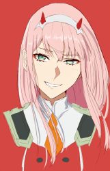 1girl darling_in_the_franxx eyeshadow female_focus green_eyes hair_between_eyes hairband hashimoto_(frog_flag) horns long_hair looking_at_viewer makeup military military_uniform oni_horns orange_neckwear pink_hair red_horns smile solo straight_hair white_hairband zero_two_(darling_in_the_franxx)