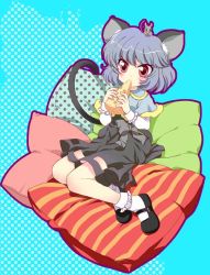 Rule 34 | 1girl, animal ears, capelet, cheese, eating, female focus, food, grey hair, jpeg artifacts, mary janes, masuyama kei, mouse (animal), mouse ears, mouse tail, nazrin, pillow, red eyes, shoes, short hair, sitting, solo, tail, touhou