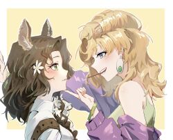 Rule 34 | 2girls, :d, animal ears, bare shoulders, blonde hair, blonney, blush, border, bracelet, brown hair, deer ears, deer girl, duang (zhngy64049365), earrings, eye contact, face-to-face, flower, food, food in mouth, green eyes, grey sports bra, hair flower, hair ornament, hair over shoulder, hand on another&#039;s chin, highres, jacket, jessica (reverse:1999), jewelry, kabedon, long hair, looking at another, medium hair, multiple girls, off shoulder, open mouth, outside border, pocky, pocky in mouth, profile, purple eyes, purple jacket, reverse:1999, shirt, smile, sports bra, teeth, upper body, white border, white flower, white shirt, yellow background, yuri
