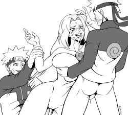 Rule 34 | 1girl, 2boys, arm grab, bottomless, grabbing another&#039;s breast, breasts, breasts squeezed together, cleavage, clone, cum, cum in mouth, facial, grabbing, hactionn, highres, huge breasts, long hair, multiple boys, naruto, naruto (series), naruto shippuuden, paizuri, pulling another&#039;s hair, reverse cowgirl position, runny makeup, sex from behind, smile, straddling, tongue, tongue out, tsunade (naruto), uzumaki naruto