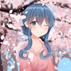 Rule 34 | 1girl, absurdres, bad id, bad twitter id, blue eyes, blue hair, blurry, cherry blossoms, collarbone, commentary request, depth of field, gotland (kancolle), hair bun, highres, kantai collection, long hair, looking at viewer, mole, mole under eye, numarinko, one eye closed, petals, pink shirt, shirt, single hair bun, smile, solo, upper body