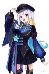 Rule 34 | 1girl, :d, animal, animal on shoulder, bird, bird on shoulder, black coat, black suit, blank eyes, blue hair, blue necktie, blunt bangs, buttons, chick, coat, collared shirt, formal, frilled shirt, frills, hand on headwear, hand up, hat, highres, lize helesta, lize helesta (7th costume), lize helesta (8th costume), long hair, monocle, multicolored hair, necktie, nijisanji, official alternate costume, official art, open mouth, purple eyes, sebastian piyodore, shirt, sidelocks, signature, simple background, smile, suit, totoro (hirohero24), two-tone hair, virtual youtuber, white background, white hair, white shirt, wing collar