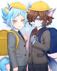 Rule 34 | 2boys, aged down, animal ears, backpack, bag, blue hair, brown hair, child, colored sclera, furry, furry male, highres, horns, horse ears, horse tail, kintaurus (show by rock!!), long sleeves, looking at viewer, male focus, mel6969, multiple boys, orange eyes, red eyes, short hair, show by rock!!, single horn, tail, titan (show by rock!!), unicorn boy, werewolf, yellow sclera