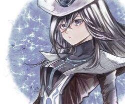 1girl duel_monster grey_hair hair_between_eyes hat long_hair looking_at_viewer nsao_yugioh parted_lips purple_eyes silent_magician sparkle tabard white_hat wizard_hat yu-gi-oh!