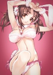 Rule 34 | 10s, 1girl, animal ears, armpits, arms up, bare shoulders, blush, breasts, brown eyes, brown hair, rabbit ears, cleavage, idolmaster, idolmaster cinderella girls, jewelry, jpeg artifacts, large breasts, long hair, looking at viewer, looking back, matsuryuu, navel, necklace, necktie, red background, solo, totoki airi, twintails, underboob