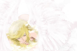 Rule 34 | 10s, 1girl, angel, angel wings, blonde hair, earrings, closed eyes, eyeshadow, jewelry, light smile, lying, makeup, nail polish, nude, pale color, panty &amp; stocking with garterbelt, panty (psg), pink nails, sleeping, solo, white background, white theme, wings, yeksv