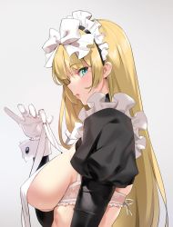 Rule 34 | 1girl, black dress, blonde hair, blush, bow, bra, breasts, clothes lift, commentary, dress, frills, from side, gloves, grey background, hair bow, highres, large breasts, lifting own clothes, lips, long hair, long sleeves, looking at viewer, maid, maid headdress, original, parted lips, sideboob, simple background, solo, underwear, upper body, white bow, white bra, white gloves, wrist cuffs, yd (orange maru)