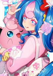 Rule 34 | 1girl, bag, blue eyes, blue hair, blue sky, bull sprite (pokemon), cardigan, clefairy sprite (pokemon), closed mouth, cloud, cloudy sky, commentary, creatures (company), earrings, fairy miku (project voltage), fingernails, flower, from behind, game freak, gen 1 pokemon, hachimitsu monte, hair flower, hair ornament, hatsune miku, jewelry, jigglypuff, long hair, long sleeves, looking back, multicolored hair, nail polish, nintendo, nose, one eye closed, open mouth, pink cardigan, pink eyes, pink hair, pink lips, pink nails, pink theme, poke ball print, pokemon, pokemon (creature), project voltage, red flower, scrunchie, shoulder bag, sky, sleeves past wrists, smile, tongue, tongue out, twintails, two-tone eyes, two-tone hair, v, vocaloid, wrist scrunchie, yellow flower, yellow scrunchie