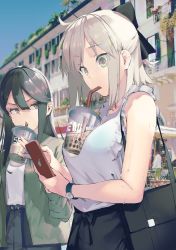 Rule 34 | 2girls, bad id, bad twitter id, bag, black hair, bow, bra visible through clothes, bubble tea, bubble tea challenge, cellphone, drinking, drinking straw, drinking straw in mouth, fate (series), glaring, hair between eyes, hair bow, handbag, highres, holding, holding phone, jacket, long hair, looking at another, multiple girls, oda nobunaga (fate), oda nobunaga (koha-ace), okita souji (fate), okita souji (koha-ace), original, outdoors, phone, photo background, shirt, sleeveless, sleeveless shirt, smartphone, sweat, watch, white background, white hair, wristwatch, xkirara39x