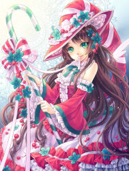 Rule 34 | 1girl, brown hair, candy, candy cane, christmas, detached sleeves, dress, flower, food, green eyes, hair ornament, hat, long hair, maple, maple (maplehy), original, smile, solo, wings