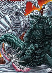 Rule 34 | absurdres, alien, armor, autocannon, battle, cannon, character request, claws, commentary, exoskeleton, furuta yoroshi, giant, glowing, glowing eyes, godzilla, godzilla: city on the edge of battle, godzilla: planet of the monsters, godzilla (series), godzilla earth, highres, kaijuu, magnetic weapon, mecha, mechagodzilla, mechagodzilla (godzilla: city on the edge of battle), military, monster, no humans, power armor, power suit, powered exoskeleton, railgun, robot, science fiction, size difference, super robot, tail, traditional media, translation request, vulture (godzilla), weapon