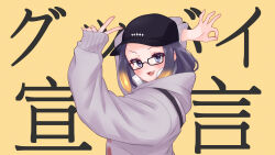 Rule 34 | 1girl, :3, :d, absurdres, arm up, baseball cap, black-framed eyewear, black hat, blush, commentary request, eyelashes, fang, glasses, goodbye sengen (vocaloid), gradient hair, grey hoodie, hand up, hat, headphones, headphones around neck, highres, hololive, hololive english, hood, hood down, hoodie, kiwwwwwi, long sleeves, looking at viewer, looking to the side, medium hair, multicolored hair, ninomae ina&#039;nis, official alternate costume, ok sign, open mouth, orange hair, parted bangs, purple eyes, purple hair, rectangular eyewear, sidelocks, simple background, sleeves past wrists, smile, solo, tentacle hair, upper body, v, v-shaped eyebrows, virtual youtuber, yellow background
