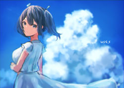 Rule 34 | 1girl, alternate costume, artist name, black eyes, black hair, blue sky, cloud, commentary request, dress, highres, kantai collection, long hair, looking at viewer, sky, solo, souryuu (kancolle), twintails, upper body, white dress, wss (nicoseiga19993411)