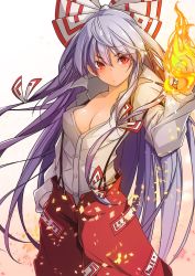 Rule 34 | .sin, 1girl, :/, blush, bow, breasts, buttons, cleavage, closed mouth, collared shirt, commentary request, cowboy shot, fire, fujiwara no mokou, gradient background, hair between eyes, hair bow, hand in pocket, hand up, highres, long hair, long sleeves, looking at viewer, medium breasts, ofuda, pants, purple hair, red eyes, red pants, shirt, silver hair, solo, standing, suspenders, touhou, unbuttoned, unbuttoned shirt, very long hair, white background, white shirt