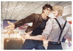 Rule 34 | 2boys, airport, alternate costume, battle tendency, belt, birthday, black shirt, blonde hair, border, bouquet, brown jacket, caesar anthonio zeppeli, chinese commentary, collarbone, commentary request, dated, closed eyes, facial mark, facing another, flower, grin, hair bobbles, hair ornament, happy, happy birthday, hermithessa, holding, holding bouquet, imminent hug, jacket, jojo no kimyou na bouken, joseph joestar, joseph joestar (young), lapels, male focus, multiple boys, open mouth, outstretched arms, pants, shirt, short hair, sleeves pushed up, smile, suitcase, suspenders, white border, white shirt