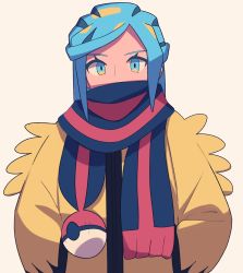 Rule 34 | 1boy, blue eyes, blue hair, coat, commentary request, creatures (company), eyelashes, game freak, grusha (pokemon), hands in pockets, highres, long hair, long sleeves, looking at viewer, male focus, nintendo, poke ball print, pokemon, pokemon sv, scarf, solo, tyako 089, upper body, white background, yellow coat