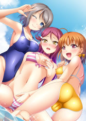 Rule 34 | 10s, 3girls, :d, ;), ;9, ahoge, armpits, ass, bare arms, bare legs, bare shoulders, barefoot, bikini, blue eyes, blue one-piece swimsuit, blue sky, blush, bow, braid, breasts, cameltoe, choker, closed mouth, collarbone, competition swimsuit, covered erect nipples, covered navel, day, fingering, girl sandwich, hair bow, hair ornament, hairclip, hand gesture, hand under clothes, hand under swimsuit, large breasts, love live!, love live! sunshine!!, multiple girls, narutaki shin, navel, nipples, one-piece swimsuit, one eye closed, open mouth, orange hair, pink eyes, sakurauchi riko, sandwiched, side braid, sideboob, silver hair, sky, smile, soles, stomach, striped bikini, striped clothes, swimsuit, takami chika, v, v over eye, watanabe you, yellow bikini, yellow bow, yuri
