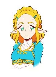 Rule 34 | 1girl, artsy-rc, blonde hair, blue dress, braid, closed mouth, commentary, dress, english commentary, forehead, green eyes, hair ornament, hairclip, highres, long sleeves, nintendo, pointy ears, princess zelda, short hair, signature, simple background, slit pupils, smile, solo, the legend of zelda, the legend of zelda: breath of the wild, the legend of zelda: tears of the kingdom, upper body, white background