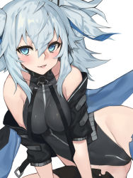 Rule 34 | 1girl, absurdres, arm support, bare shoulders, black jacket, black leotard, blue eyes, blue hair, blue ribbon, blue thighhighs, blush, breasts, capelet, collarbone, commentary, girls&#039; frontline, groin, hair between eyes, hair ribbon, highleg, highleg leotard, highres, jacket, jam (nandade), leotard, light blue hair, looking at viewer, medium breasts, medium hair, messy hair, off shoulder, open clothes, open jacket, pa-15 (girls&#039; frontline), parted lips, ribbon, short eyebrows, sidelocks, simple background, single thighhigh, smile, solo, thighhighs, twintails, white background