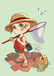 Rule 34 | 1girl, :3, animal crossing, bandaid, bandaid on cheek, bandaid on face, bandaid on nose, blush, blush stickers, brick floor, brown footwear, brown hat, bud, bug, butterfly, butterfly net, closed mouth, commentary request, dated, feet, flower, full body, geta, green background, green eyes, green shorts, hand net, hands up, hat, holding, holding butterfly net, insect, ladybug, looking at viewer, nintendo, orange hair, plant, red shirt, red shorts, red tank top, sandals, shirt, short hair, short shorts, shorts, sidelocks, simple background, sleeveless, sleeveless shirt, smile, solo, standing, straw hat, suyu38, swept bangs, tank top, two-tone shorts, villager (animal crossing), white butterfly, white flower, yellow flower