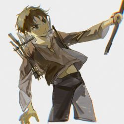 Rule 34 | 1boy, absurdres, black pants, blood, blood on hands, brown eyes, brown hair, brown shirt, brown sleeves, chinese commentary, collarbone, commentary request, cowboy shot, cross-laced clothes, cross-laced top, eren yeager, grey background, highres, holding, holding weapon, long sleeves, looking ahead, midriff peek, military uniform, pants, paradis military uniform, riko-m, shingeki no kyojin, shirt, short hair, simple background, solo, thick eyebrows, uniform, v-shaped eyebrows, weapon, weapon on back