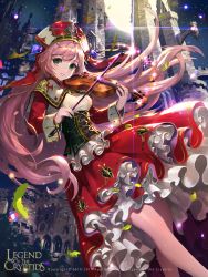 Rule 34 | 1girl, bow (music), capelet, castle, dated, green eyes, headdress, highres, instrument, jewelry, leaf, legend of the cryptids, long hair, long sleeves, night, pink hair, skirt, smile, solo, tob, veil, violin