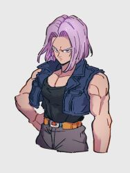 Rule 34 | 1boy, black shirt, blue eyes, blue jacket, closed mouth, dragon ball, dragonball z, grey background, jacket, kemachiku, looking at viewer, male focus, medium hair, muscular, muscular male, open clothes, open jacket, purple hair, shirt, simple background, sleeveless, sleeveless jacket, solo, trunks (dragon ball), trunks (future) (dragon ball)