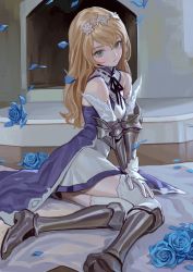 Rule 34 | 1girl, :/, absurdres, armored boots, bare shoulders, black ribbon, blonde hair, blue dress, blue flower, blue rose, boots, breasts, collar, dress, fkey, flower, gloves, green eyes, highres, light blush, looking at viewer, neck ribbon, original, petals, ribbon, rose, sleeveless, small breasts, solo, stairs, thighs, tiara, white legwear