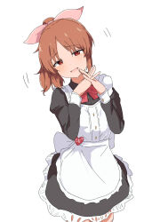 Rule 34 | 1girl, abe nana, apron, black dress, blush, bow, bowtie, dress, head tilt, highres, idolmaster, idolmaster cinderella girls, interlocked fingers, long sleeves, looking at viewer, maid apron, name tag, orange hair, own hands together, ponytail, red bow, red bowtie, simple background, smile, solo, white apron, white background, wood pump