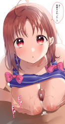 Rule 34 | 1girl, :o, alternate breast size, antenna hair, blush, bow, grabbing another&#039;s breast, breasts, breasts squeezed together, censored, clothes lift, cum, cum on body, cum on breasts, cum on upper body, ed, grabbing, grabbing own breast, highres, kazepana, looking at viewer, love live!, love live! sunshine!!, medium breasts, medium hair, mosaic censoring, navel, nipples, open mouth, orange hair, paizuri, parted bangs, penis, pink bow, red eyes, shirt, shirt lift, sleeveless, sleeveless shirt, speech bubble, takami chika, tan, tank top, translated, white background