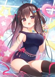 Rule 34 | 1girl, ahoge, bare shoulders, black one-piece swimsuit, black thighhighs, blue bow, blue sky, blush, bow, breasts, brown hair, chestnut mouth, cloud, cloudy sky, commentary request, day, flower, food, hair between eyes, hair bow, hair flower, hair ornament, hairclip, hanamiya natsuka, holding, holding food, ice cream, ice cream cone, indoors, innertube, looking at viewer, medium breasts, old school swimsuit, one-piece swimsuit, open mouth, original, red bow, red eyes, school swimsuit, shallow water, sky, soft serve, solo, star (symbol), strap slip, swim ring, swimsuit, thighhighs, two side up, water, window, yellow flower