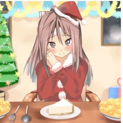 Rule 34 | 10s, 1girl, alternate costume, animated, animated gif, atsutoku, blinking, blush, box, brown eyes, cake, cheesecake, christmas, christmas tree, commentary request, decorations, food, fork, gift, gift box, hachimaki, hair ribbon, own hands clasped, hat, headband, high ponytail, interlocked fingers, kantai collection, light brown hair, long hair, looking at viewer, lowres, omelet, own hands together, plate, ponytail, ribbon, santa costume, santa hat, sitting, smile, solo, spoon, star (symbol), tamagoyaki, zuihou (kancolle)