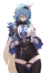 Rule 34 | 1girl, absurdres, black gloves, black hairband, black thighhighs, blue cape, blue hair, blue necktie, bodysuit, breasts, butterfly hair ornament, cape, eula (genshin impact), genshin impact, gloves, hair ornament, hairband, highres, ke&#039;ai qu qu, large breasts, long hair, looking at viewer, necktie, parted lips, solo, thighhighs, vision (genshin impact), white background
