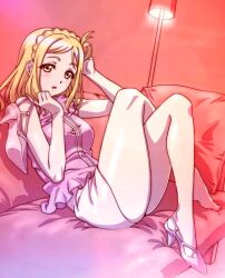 Rule 34 | 1girl, bare shoulders, blonde hair, braid, breasts, commentary request, couch, crossed legs, crown braid, full body, hair behind ear, hands up, high heels, indoors, lamp, legs, light blush, looking at viewer, love live!, love live! sunshine!!, medium breasts, medium hair, official art, ohara mari, parted lips, pillow, pink footwear, pink shirt, shirt, single barefoot, sitting, sleeveless, sleeveless shirt, solo, thighs, watanabe yoshihiro, yellow eyes