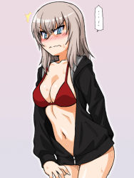 Rule 34 | !, ..., 1girl, ^^^, arm behind back, bikini, black jacket, blue eyes, breasts, cleavage, closed mouth, commentary request, constricted pupils, cowboy shot, frown, girls und panzer, grey background, itsumi erika, jacket, long sleeves, looking at viewer, medium hair, navel, no pants, oosaka kanagawa, red bikini, silver hair, simple background, solo, spoken ellipsis, spoken exclamation mark, standing, sweat, swimsuit, unzipped, v-shaped eyebrows, zipper