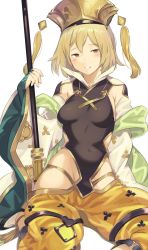Rule 34 | 1girl, apsaras (granblue fantasy), arrow (projectile), blonde hair, blush, breasts, commentary request, detached sleeves, djeeta (granblue fantasy), granblue fantasy, hat, highres, leotard, looking at viewer, navel, no bra, no panties, parted lips, short hair, simple background, sitting, small breasts, smile, solo, staff, sunao (souis), white background