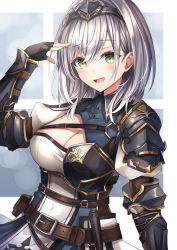 Rule 34 | 1girl, absurdres, arm up, armor, black gloves, blush, braid, breasts, chest guard, cleavage, cleavage cutout, clothing cutout, collared dress, commentary, dress, eyes visible through hair, fingerless gloves, gloves, green eyes, hair between eyes, hairband, highres, hololive, large breasts, looking at viewer, medium hair, mole, mole on breast, open mouth, puffy short sleeves, puffy sleeves, shirogane noel, shirogane noel (1st costume), short sleeves, shoulder armor, silver hair, smile, solo, tsukasa tsubasa, two-tone dress, upper body, vambraces, virtual youtuber