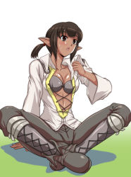 Rule 34 | 10s, 1girl, breasts, brown eyes, brown hair, cleavage, dark-skinned female, dark skin, elezen, elf, final fantasy, final fantasy xiv, highres, open clothes, open shirt, pointy ears, ponytail, shirt, solo, square enix, sweat, warrior of light (ff14)