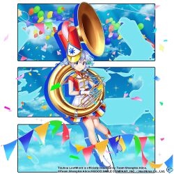 Rule 34 | 1girl, alternate costume, boots, closed mouth, commentary, confetti, copyright name, copyright notice, english commentary, full body, game cg, grey eyes, grey hair, hat, hat feather, high heel boots, high heels, holding, holding instrument, horikawa raiko, instrument, looking at viewer, lyrica prismriver, marching band, merlin prismriver, merlin prismriver (prism march sousaphone), multicolored clothes, peaked cap, red hat, rotte (1109), short hair, silhouette, skirt, smile, solo, sousaphone, third-party source, touhou, touhou lostword, white footwear, white skirt