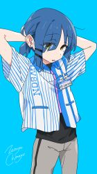 Rule 34 | 1girl, absurdres, alternate costume, arms up, black undershirt, blue background, bocchi the rock!, character name, collared shirt, commentary, cowboy shot, earrings, employee uniform, expressionless, grey pants, hair ornament, hair over one eye, hairclip, highres, jewelry, lawson, looking at viewer, low ponytail, mole, mole under eye, name tag, open mouth, pants, shirt, short ponytail, short sleeves, signature, simple background, solo, stud earrings, sweatpants, tying hair, uniform, yamada ryo, yellow eyes, zetsuyo chimayo